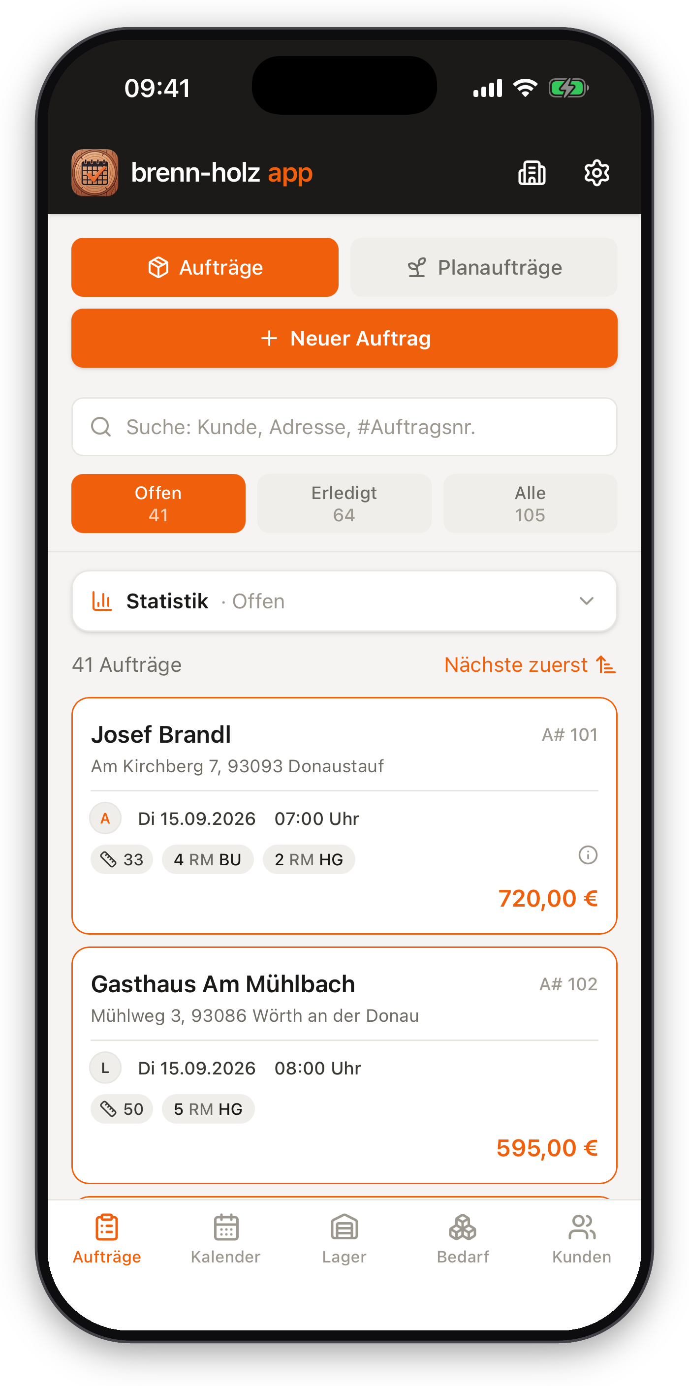 Die Auftragsliste auf dem iPhone: offene Aufträge mit Kunde, Termin, Menge und Preis.